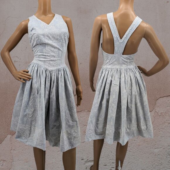 Vintage 1970s Gunne Sax Prairie Dress Blue Floral Lace Milkmaid Sundress Jrs 9 - Picture 1 of 14